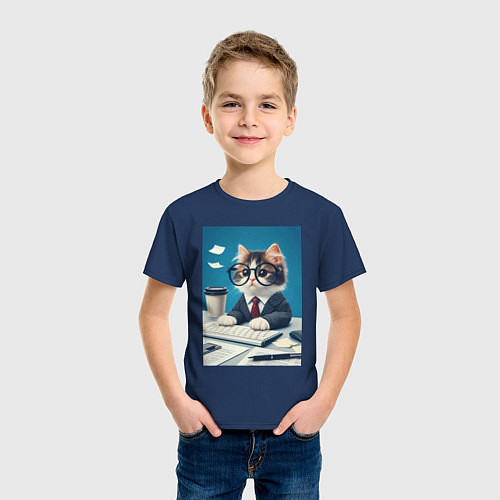Детская футболка Котёнок офисный планктон - нейроарт / Тёмно-синий – фото 3