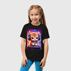 Футболка хлопковая детская Cutie kitten DJ - neon glow, цвет: черный — фото 2