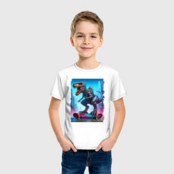 Футболка хлопковая детская Cyber tyrannosaur on a skateboard - neon glow, цвет: белый — фото 2