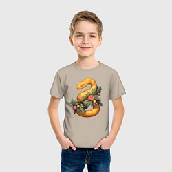 Футболка хлопковая детская Жёлтая змея в листьях, цвет: миндальный — фото 2