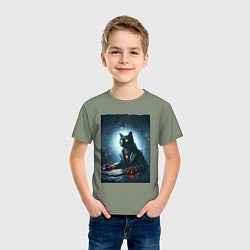 Футболка хлопковая детская Кибер кот за компьютером - неоновое свечение, цвет: авокадо — фото 2