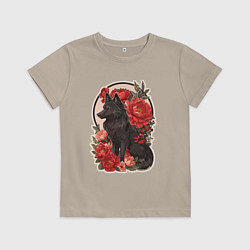 Детская футболка Чёрный волк и красные цветы