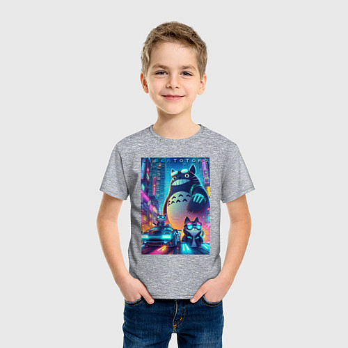 Детская футболка Totoro and cats - cyberpunk / Меланж – фото 3