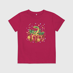 Футболка хлопковая детская Змея и подарки, цвет: маджента