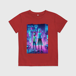 Детская футболка Рик и Морти в неоновом городе - нейроарт