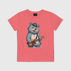 Футболка хлопковая детская Веселый медведь играет на гитаре, цвет: коралловый