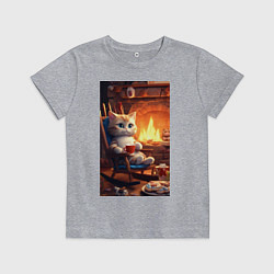Детская футболка Уютный кот у камина с чашкой какао