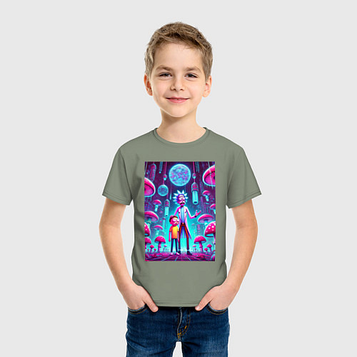 Детская футболка Rick and Morty among neon mushrooms - ai art fanta / Авокадо – фото 3