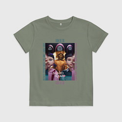 Футболка хлопковая детская Игра в кальмара на фоне кукол роботов, цвет: авокадо
