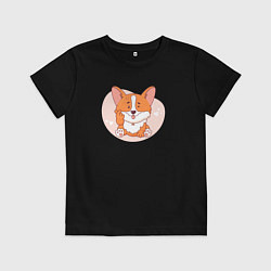 Футболка хлопковая детская Щенок корги показывает лапой жест - сердечко, цвет: черный