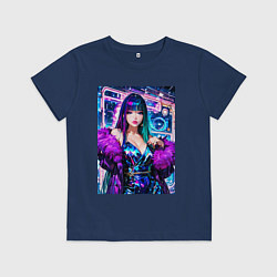 Футболка хлопковая детская Девушка поп идол в мехах, цвет: тёмно-синий