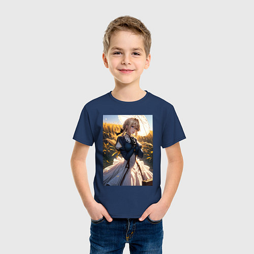 Детская футболка Вайолет Эвергарден на поле пшеницы / Тёмно-синий – фото 3