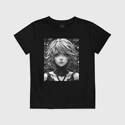 Футболка хлопковая детская Аниме портрет девушки в черно-белом цвете, цвет: черный