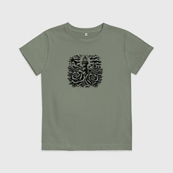 Футболка хлопковая детская Маяк с розами и кораблями тату, цвет: авокадо
