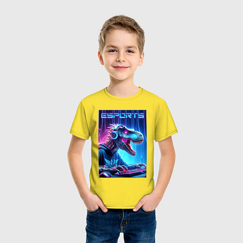 Детская футболка Tyrannosaurus is esports player - neon glow / Желтый – фото 3