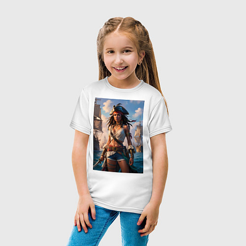 Детская футболка Пиратка на фона флотилии кораблей / Белый – фото 4