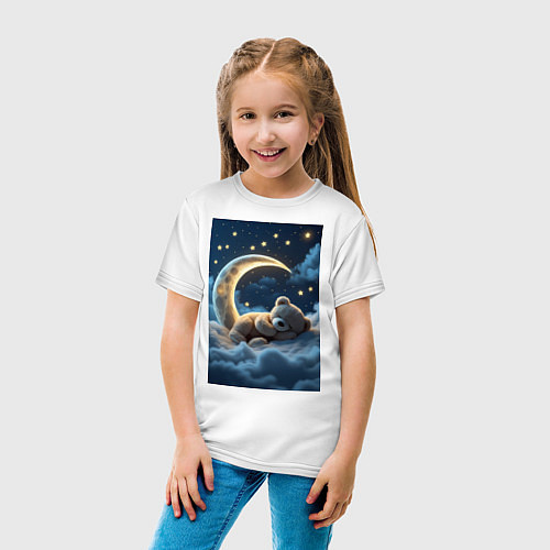 Детская футболка Плюшевый мишка сидит на Луне / Белый – фото 4