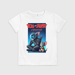 Футболка хлопковая детская Cyborg Tom and Jerry - cyberpunk fantasy, цвет: белый