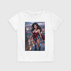 Футболка хлопковая детская Чудо-женщина с городским фоном в стиле комиксов, цвет: белый