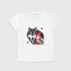 Детская футболка Красивый серый волк и шапочка Красная