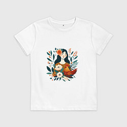 Детская футболка Девушка и курица в окружении цветов