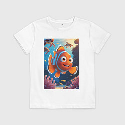 Футболка хлопковая детская Рыбка клоун плавает с черепахами, цвет: белый