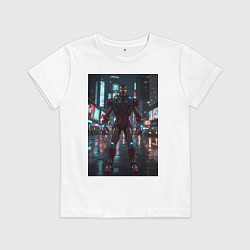 Футболка хлопковая детская Железный человек посреди ночного города, цвет: белый