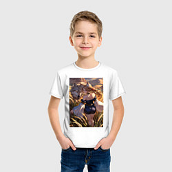 Футболка хлопковая детская Девушка-волчица посреди поля пшеницы, цвет: белый — фото 2