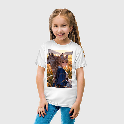 Детская футболка Девушка-волчица посреди поля пшеницы / Белый – фото 4