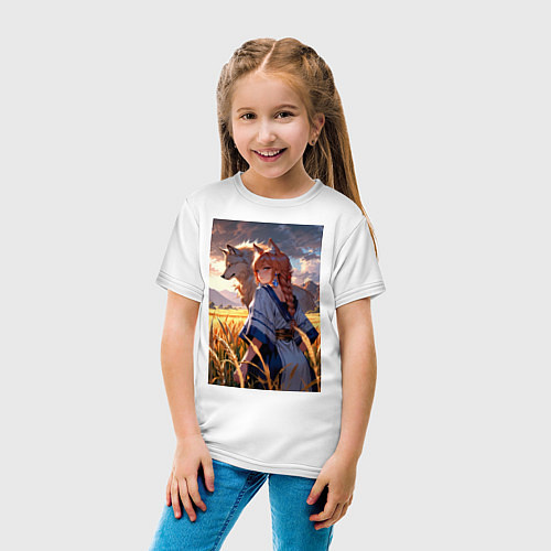 Детская футболка Девушка-волчица посреди поля пшеницы / Белый – фото 4