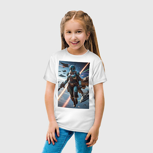 Детская футболка Девушка-мандалорец в космосе / Белый – фото 4