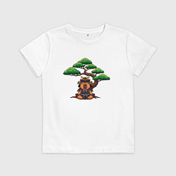 Футболка хлопковая детская Капибара самурай под бонсаем, цвет: белый