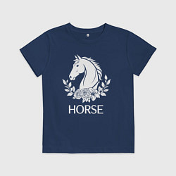 Футболка хлопковая детская Лошадь в цветах, цвет: тёмно-синий
