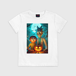 Футболка хлопковая детская Rick and Morty with pumpkin - halloween night, цвет: белый