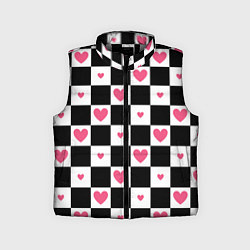 Детский жилет Розовые сердечки на фоне шахматной черно-белой дос, цвет: 3D-светло-серый