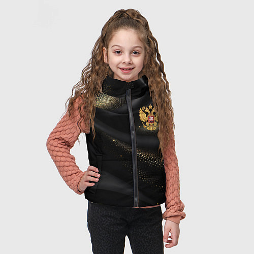 Детский жилет Золотой герб России на черно-золотой текстуре / 3D-Светло-серый – фото 3