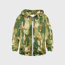 Ветровка с капюшоном детская Камуфляж- зелёные кошки, цвет: 3D-белый