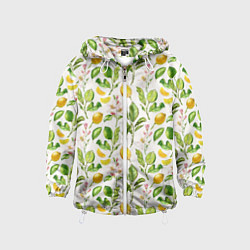 Ветровка с капюшоном детская Летний узор лимон ветки листья, цвет: 3D-белый