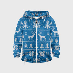 Ветровка с капюшоном детская Рождественский синий свитер с оленями, цвет: 3D-белый