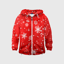 Ветровка с капюшоном детская Снежинки на красном фоне, цвет: 3D-белый