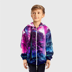 Ветровка с капюшоном детская Сиреневый лес - глитч, цвет: 3D-белый — фото 2