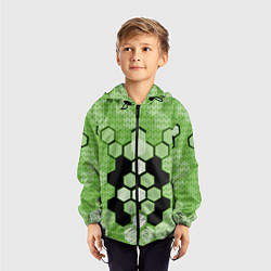 Ветровка с капюшоном детская Зелёная кибер броня hexagons, цвет: 3D-черный — фото 2