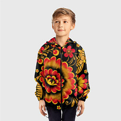 Ветровка с капюшоном детская Хохломская роспись красно-жёлтые цветы на чёрном ф, цвет: 3D-черный — фото 2
