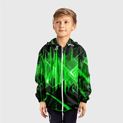 Ветровка с капюшоном детская Зелёная агрессивная абстракция на чёрном фоне, цвет: 3D-белый — фото 2