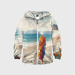 Ветровка с капюшоном детская Летний пейзаж с женщиной на пляже, цвет: 3D-белый