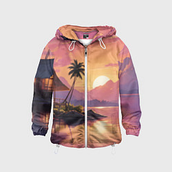 Ветровка с капюшоном детская Домик на берегу закат, цвет: 3D-белый