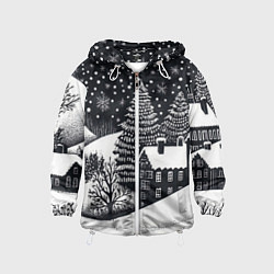 Ветровка с капюшоном детская Новый год в черно-белом стиле, цвет: 3D-белый