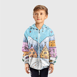 Ветровка с капюшоном детская Новогодние рисованные домики, цвет: 3D-белый — фото 2
