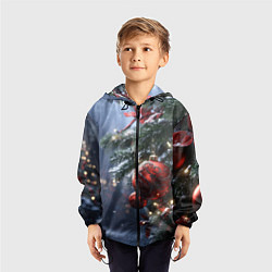 Ветровка с капюшоном детская Красные новогодние шары с узорами, цвет: 3D-черный — фото 2