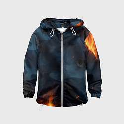 Ветровка с капюшоном детская Разорванный синий камуфляж с огнем, цвет: 3D-белый